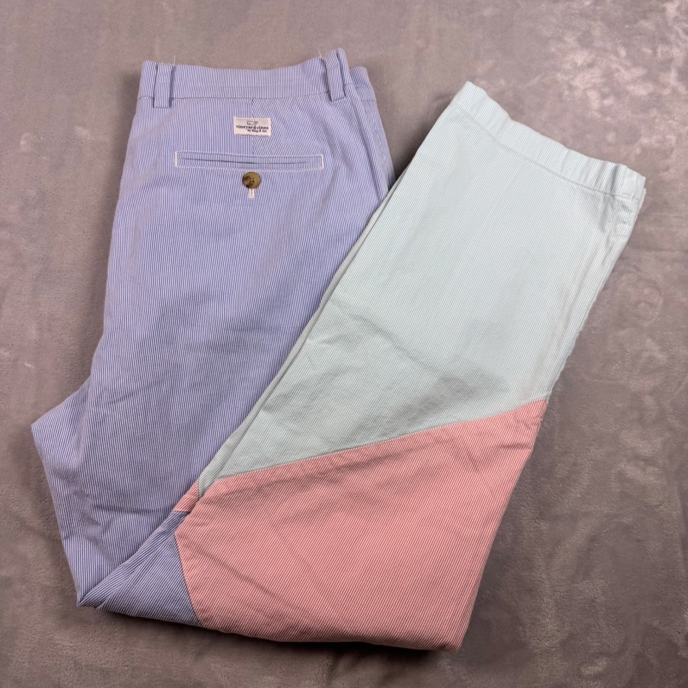 Vineyard Vines Breaker Pant Men 36 Colorblock Seersucker Blue Pink Green Stripe